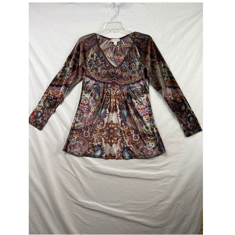 Live and Let Live Tunic Women Small Multi-Color Paisley V-Neck Empire Waist Top